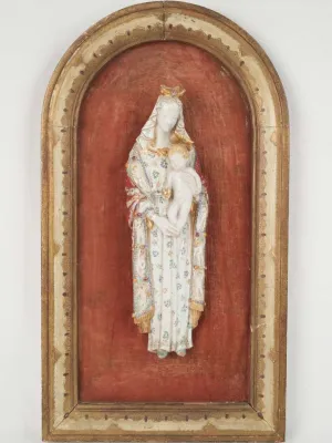 19th Century Ceramic Virgin w/ Child in Gilded Arched Frame 19¾" x 11"