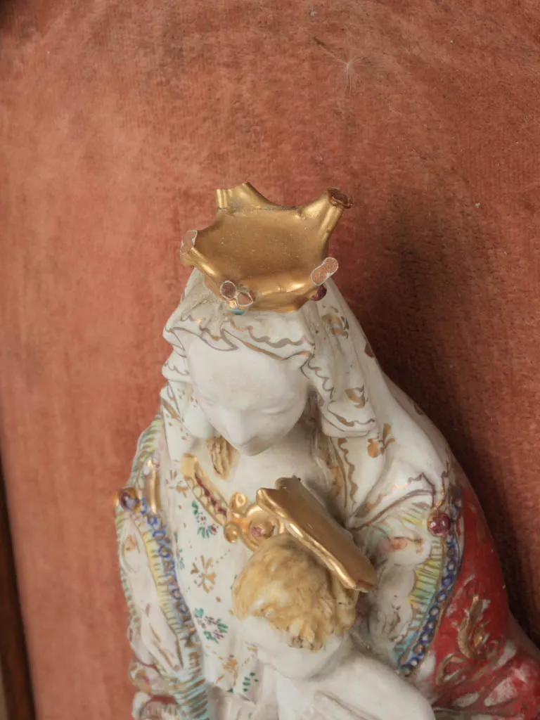 19th Century Ceramic Virgin w/ Child in Gilded Arched Frame 19¾" x 11"