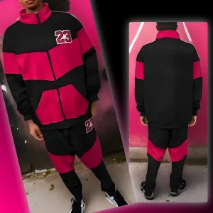 ^23^ (BLACK-HOT PINK) ZIP UP TRACKSUITS (CUT & SEW) (UNISEX)