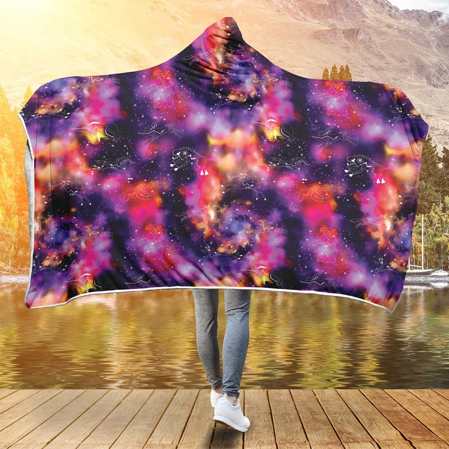 Animal Ancestors 9 Cosmic Swirl Purple and Red Hooded Blanket