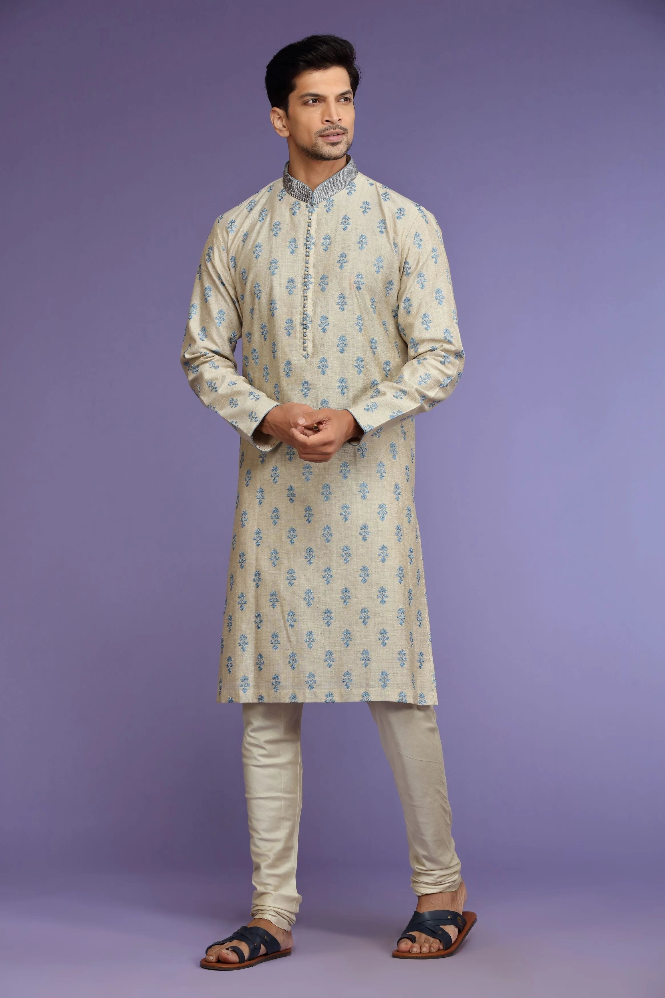 Beige Printed Silk Kurta Set  Designed by Kora (Nilesh Mitesh)