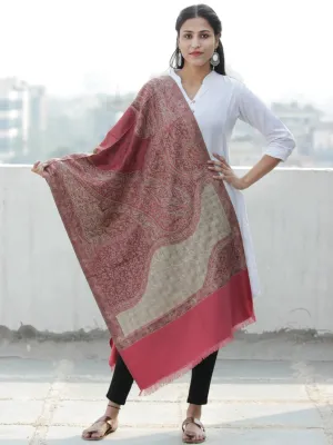 Beige Rosewood Pink Jamawar Aari Embroidered Woollen Kashmiri Stole - S200574