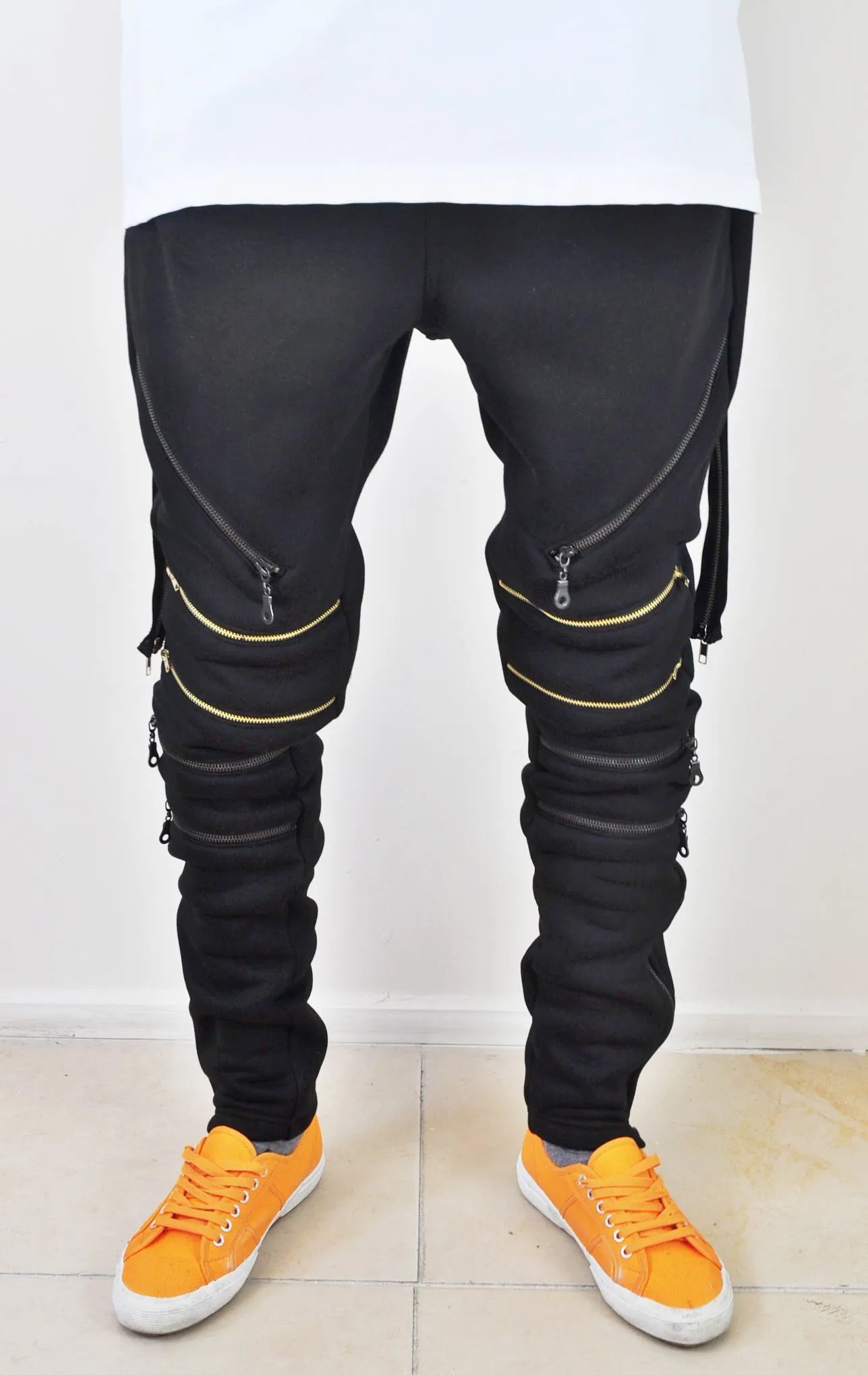 Biker Drop Crotch Side Pocket False Zip Open Knee Side Cotton Jogger Harem Pants