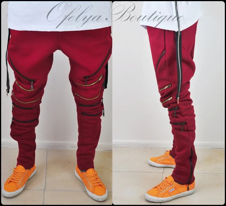 Biker Drop Crotch Side Pocket False Zip Open Knee Side Cotton Jogger Harem Pants