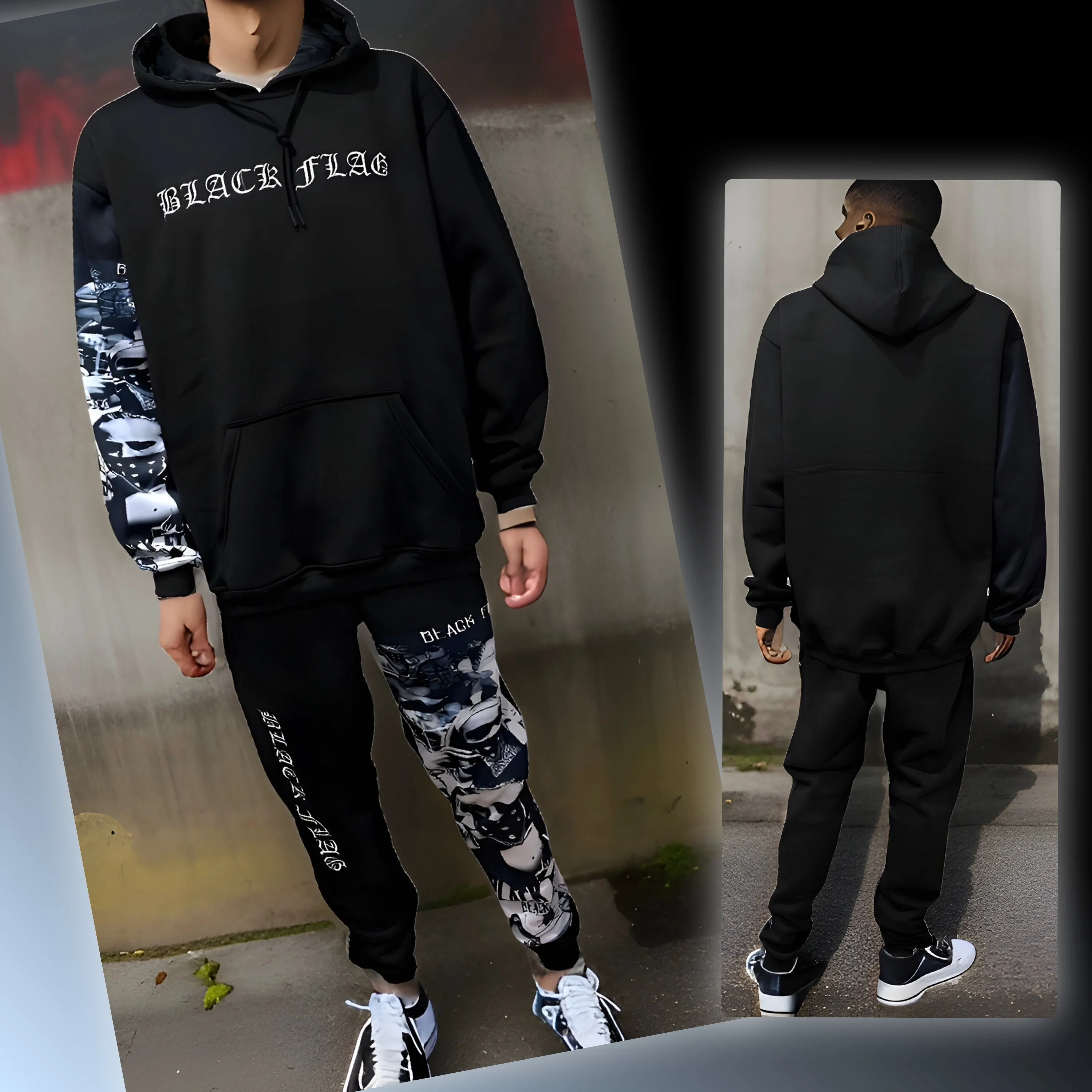 ^BLACK FLAG^ (BLACK) ~CREW POSSE~ EMBROIDERED HOODED JOGGER SWEATSUITS(CUT & SEW)