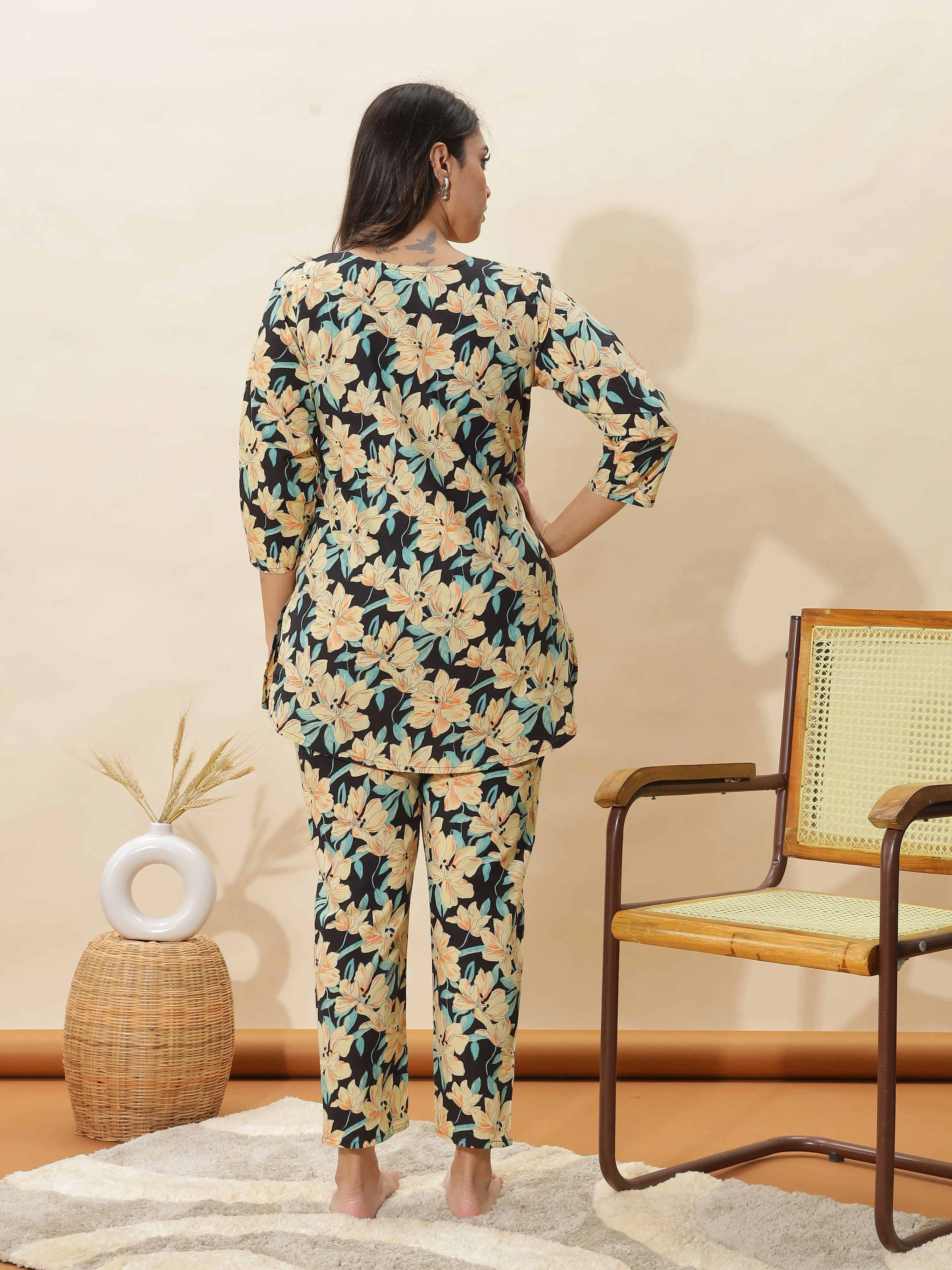 Black Floral Cotton Pajama Set for Women Soft & Breathable Loungewear