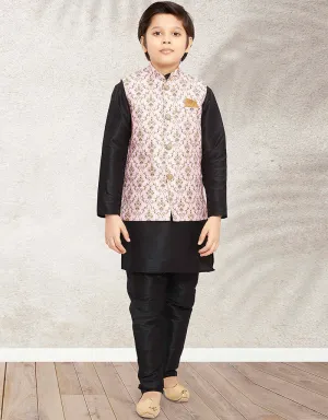 Black Kurta Pajama Print On Banarasi Silk