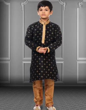 Black Kurta Pajama Printed Dhupion Silk