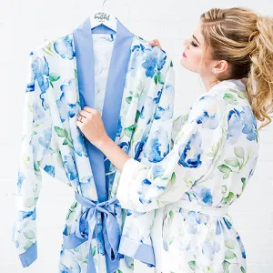 Blue Watercolor Floral Silky Kimono Robe on Blue Medium