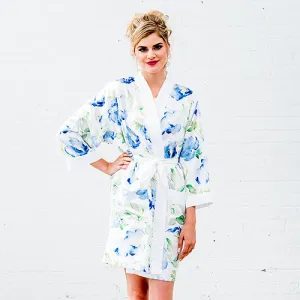 Blue Watercolor Floral Silky Kimono Robe on White X-Large