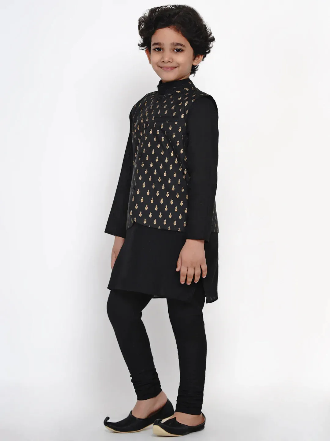 Boy'S Black Kurta Pajama With Black Waistcoat Set