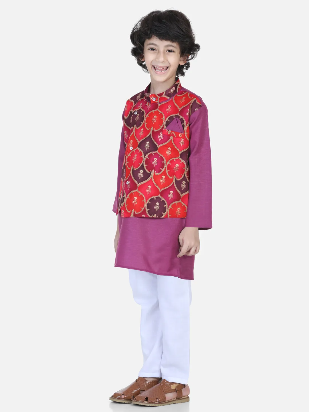 Boys Festive wear Attached Printed Jacket Kurta Pajama -Purple