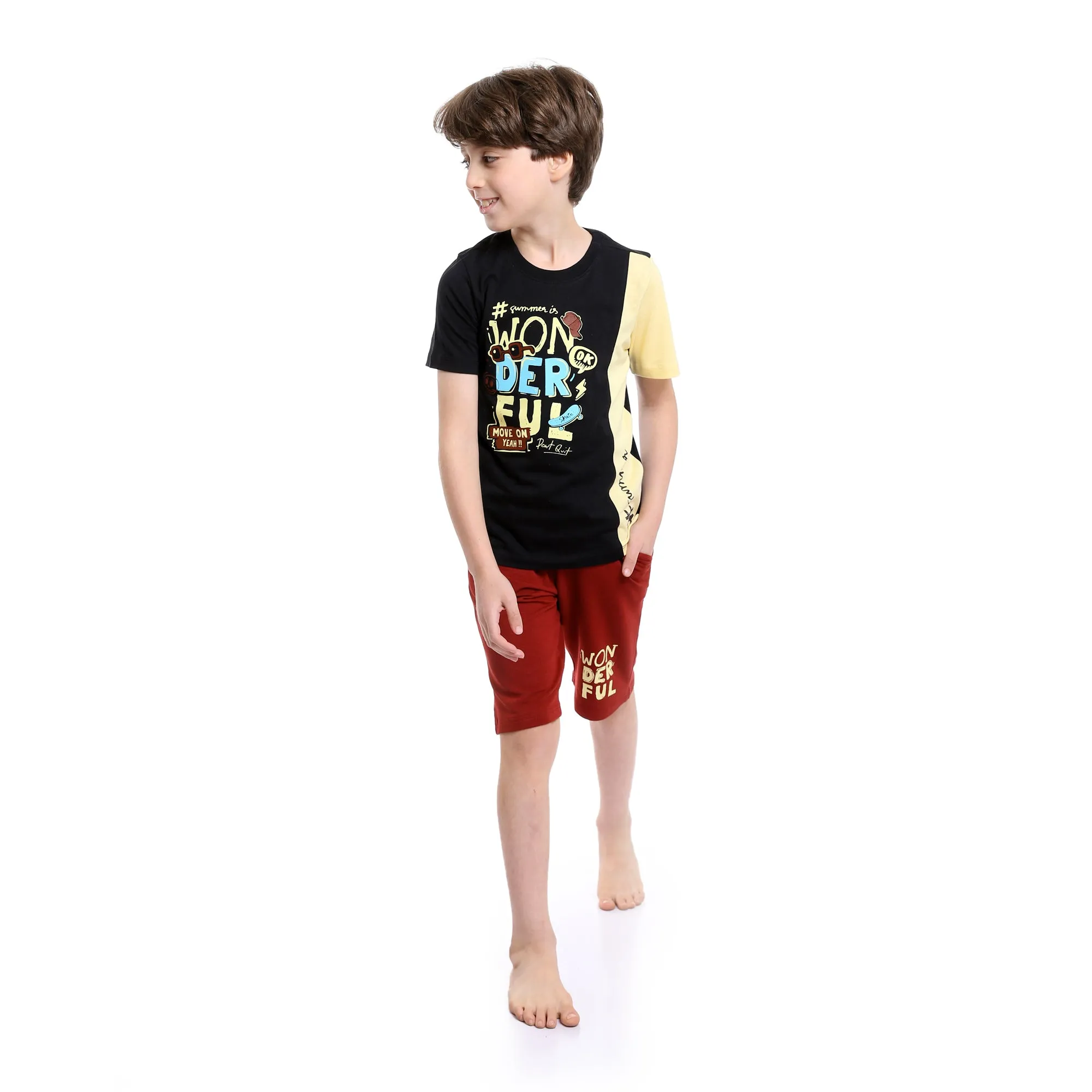 Boys Printed Wonderful Tee & Shorts Pajama Set - Multicolour