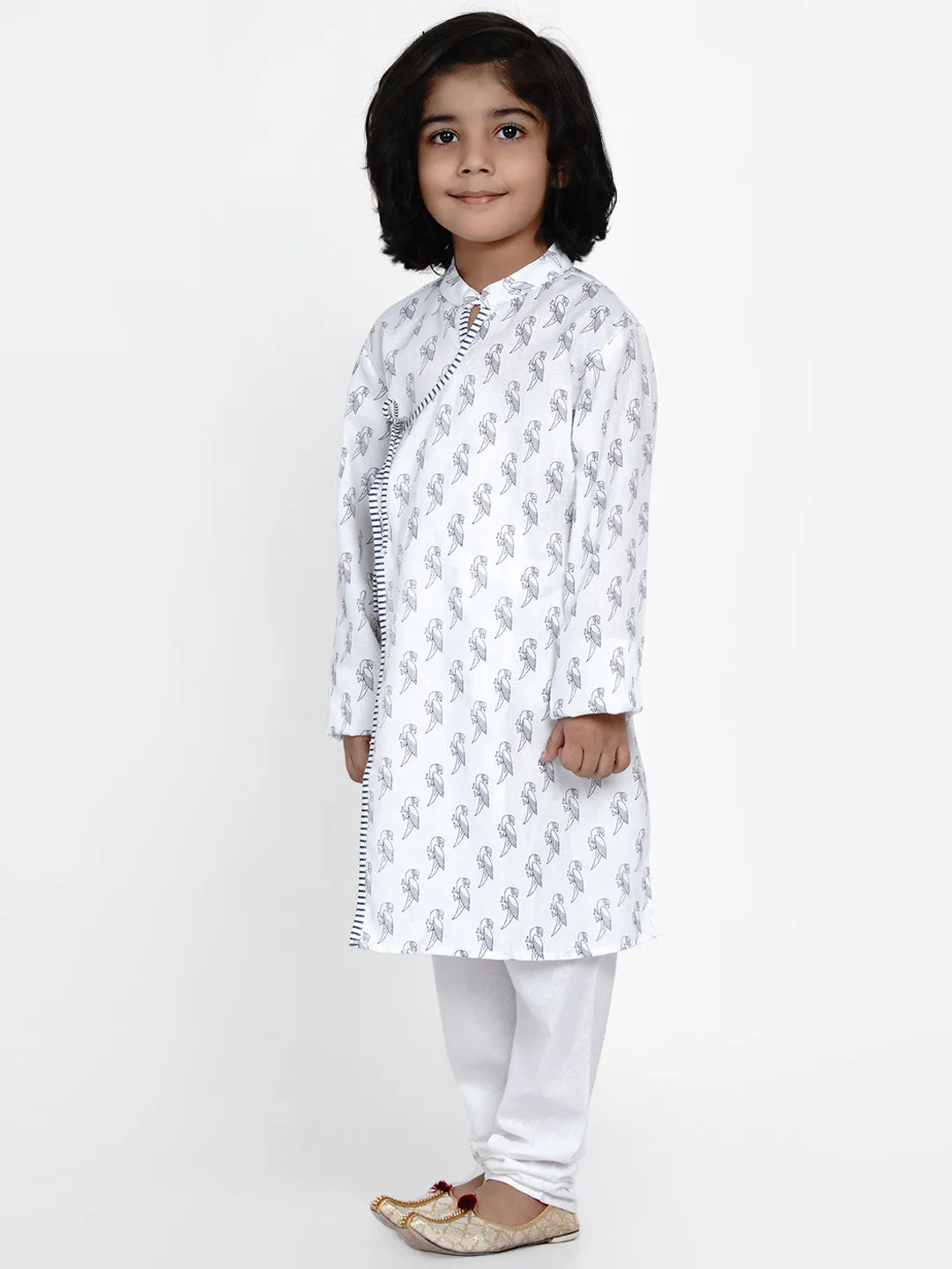 Boys White Printed Angrakha Kurta with Pyjamas