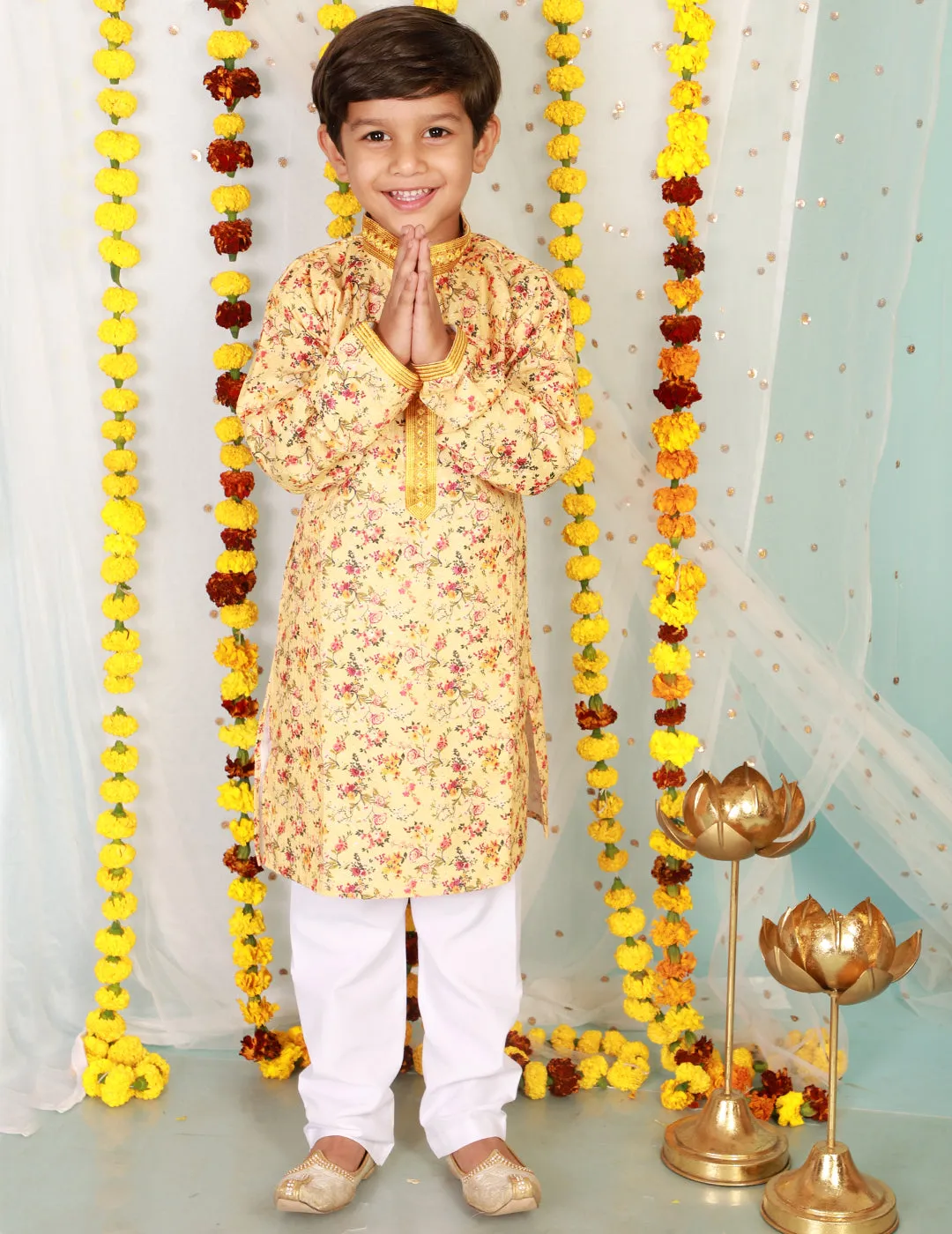 Boy's  Yellow Color Floral Print Embroidered Neck Kurta Pajama - KID1 Boys