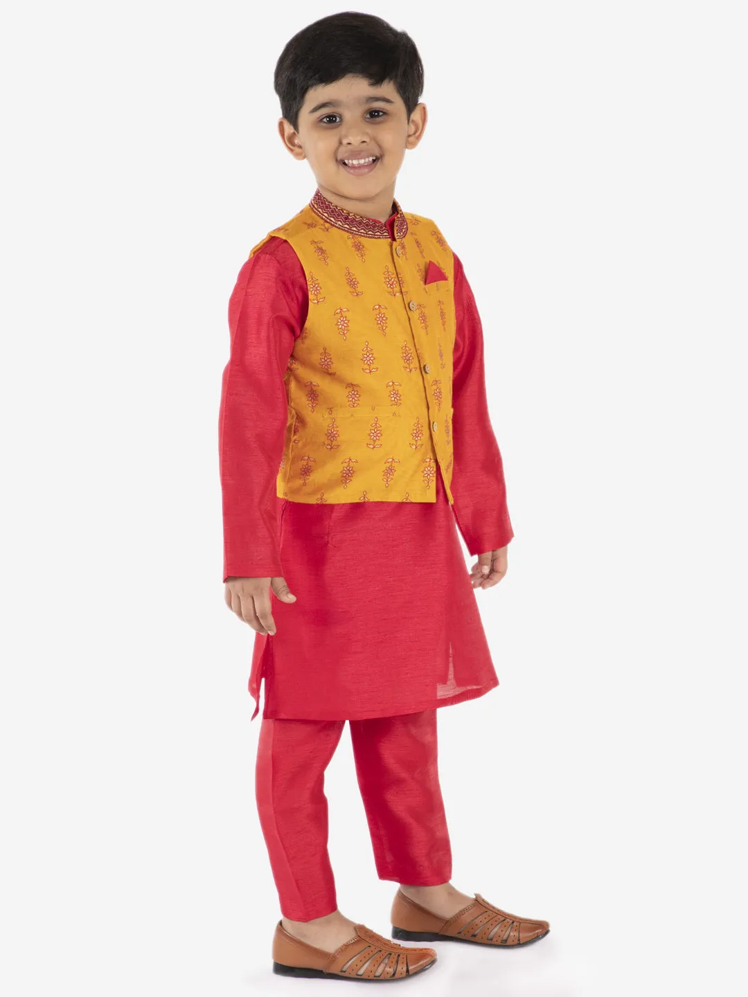 Boy's  Yellow-Red Color Sequin Embroidered Jacket With Kurta Pajama - KID1 Boys