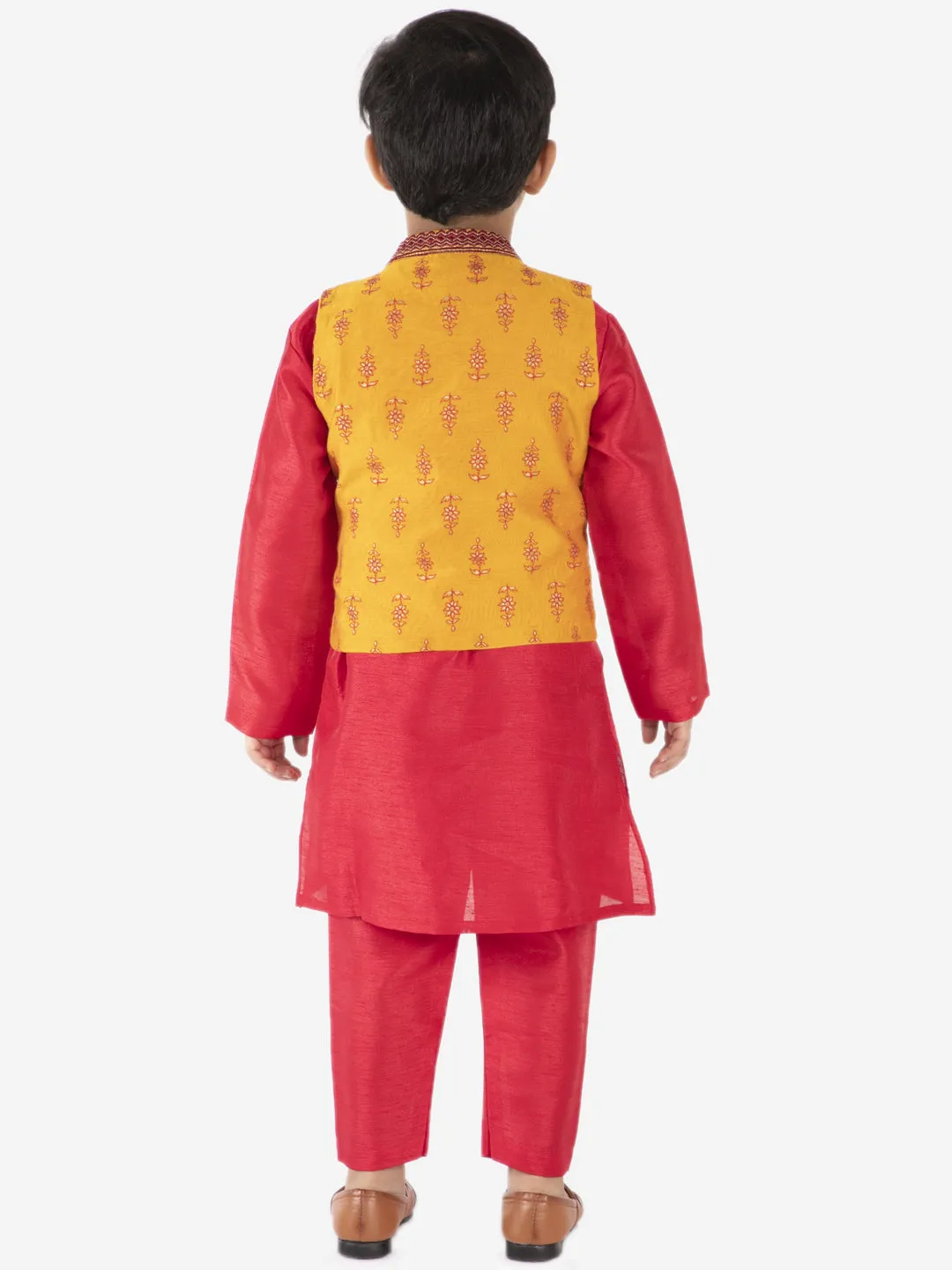 Boy's  Yellow-Red Color Sequin Embroidered Jacket With Kurta Pajama - KID1 Boys