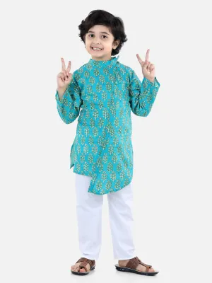 Cotton printed Asymmetric Front Open Kurta Pajama- Green