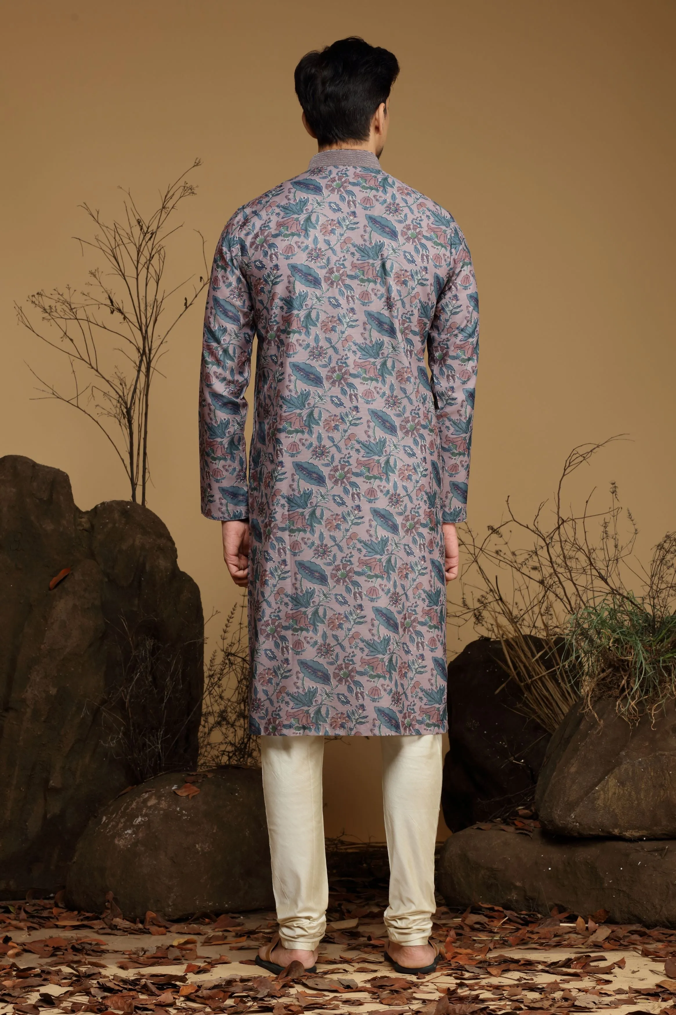 Dusty Mauve Printed Silk Kurta Set  Designed by Kora (Nilesh Mitesh)