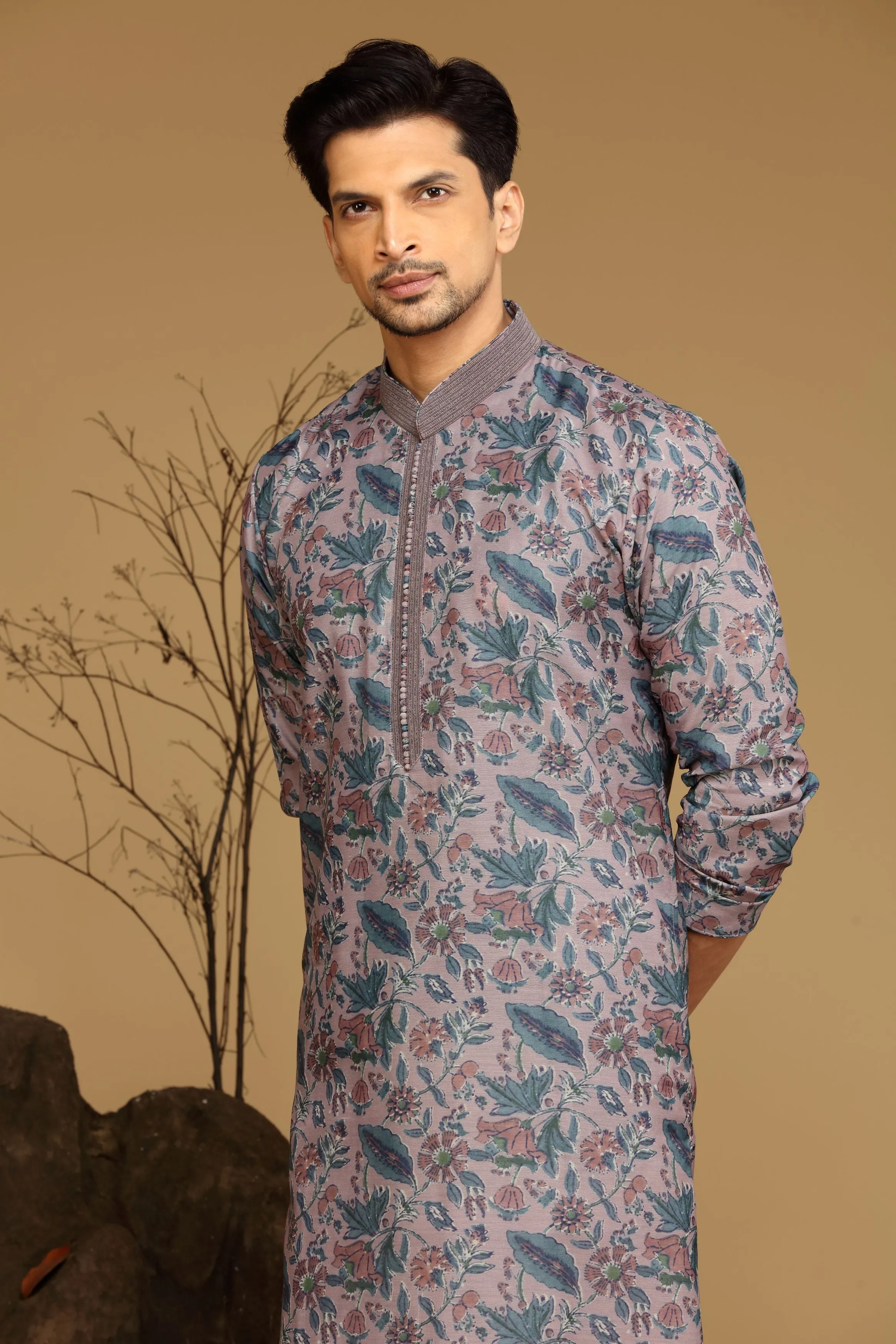 Dusty Mauve Printed Silk Kurta Set  Designed by Kora (Nilesh Mitesh)