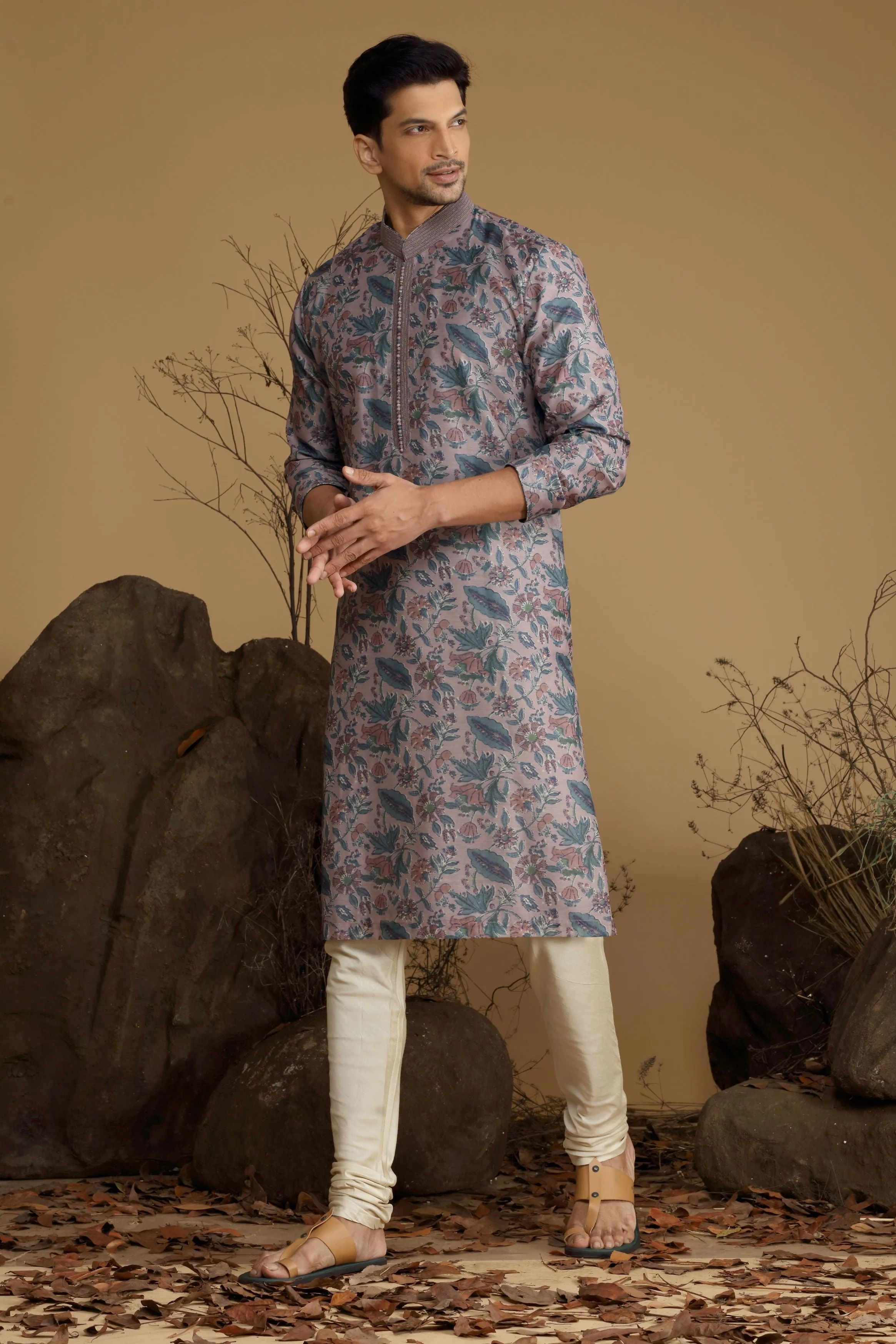 Dusty Mauve Printed Silk Kurta Set  Designed by Kora (Nilesh Mitesh)