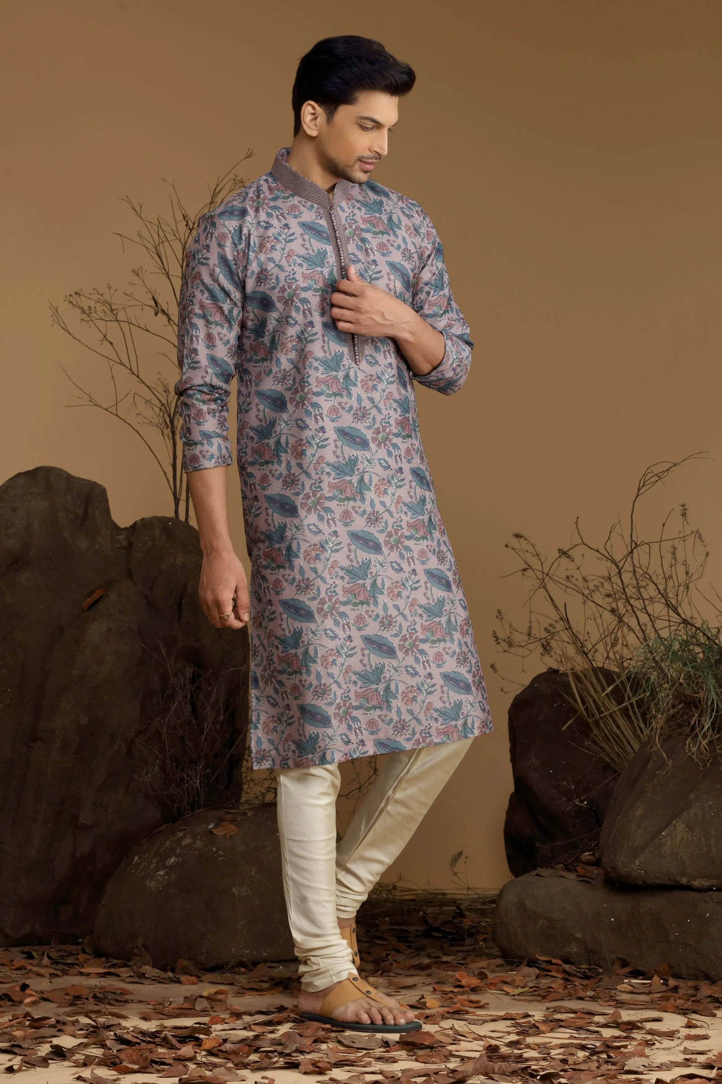 Dusty Mauve Printed Silk Kurta Set  Designed by Kora (Nilesh Mitesh)