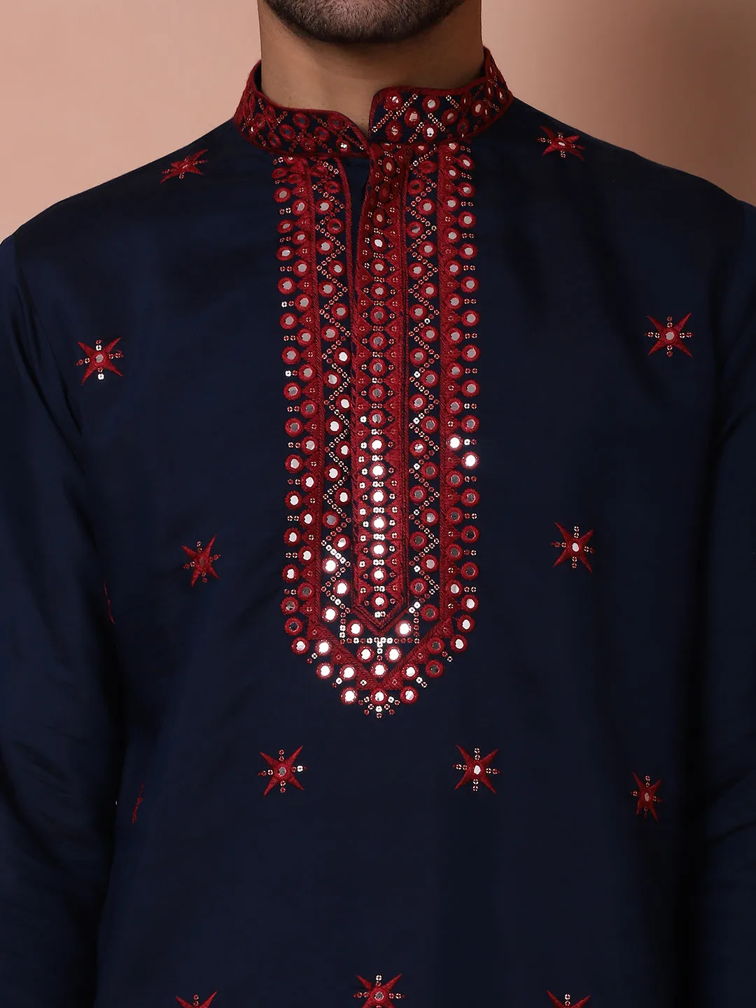 Embroidered Navy Blue Silk Blend Kurta Salwar and Dupatta Set for Men