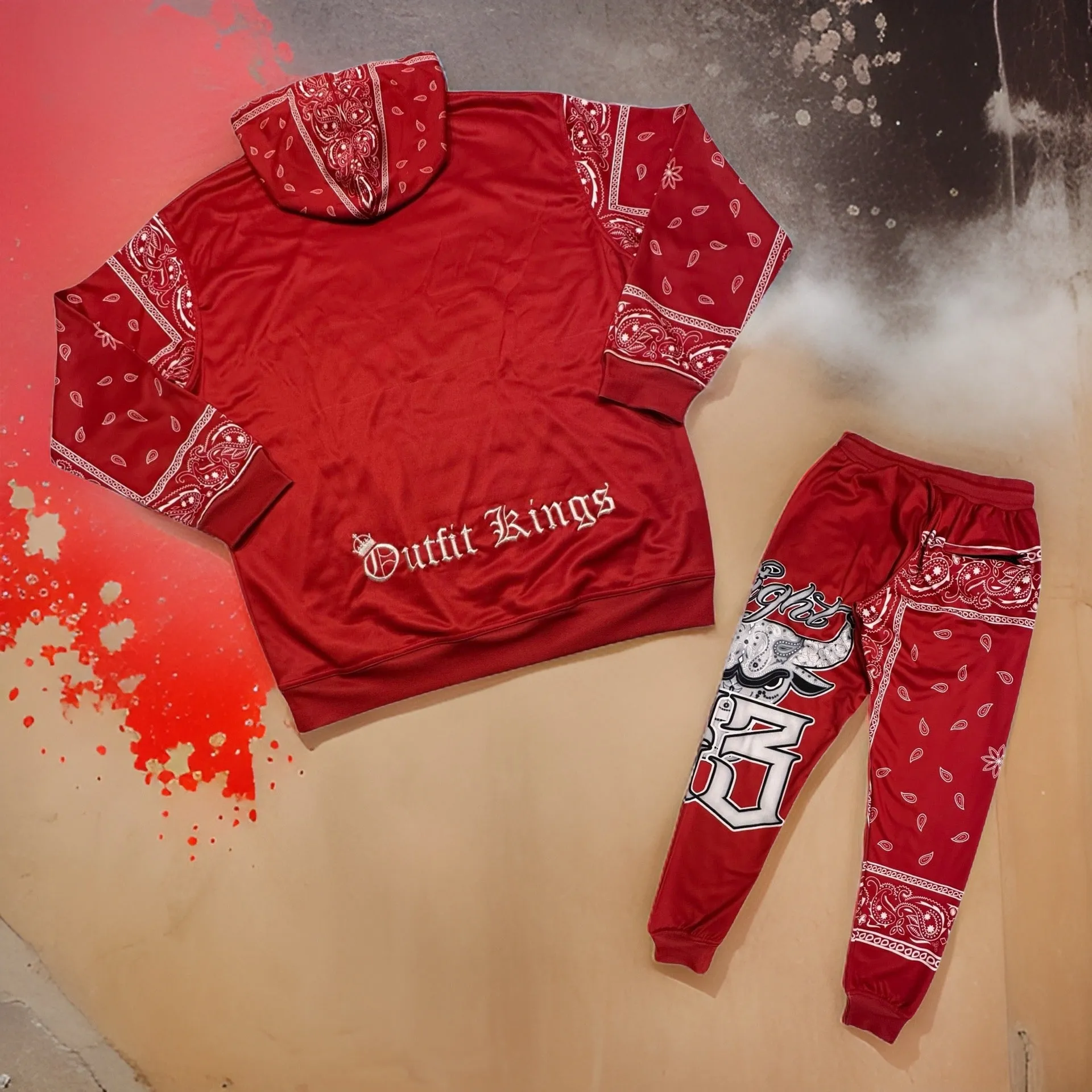 *FLIGHT 23* RED BANDANA / PAISLEY JOGGER SWEATSUITS (FLEECE LINED) (BACK EMBROIDERED)