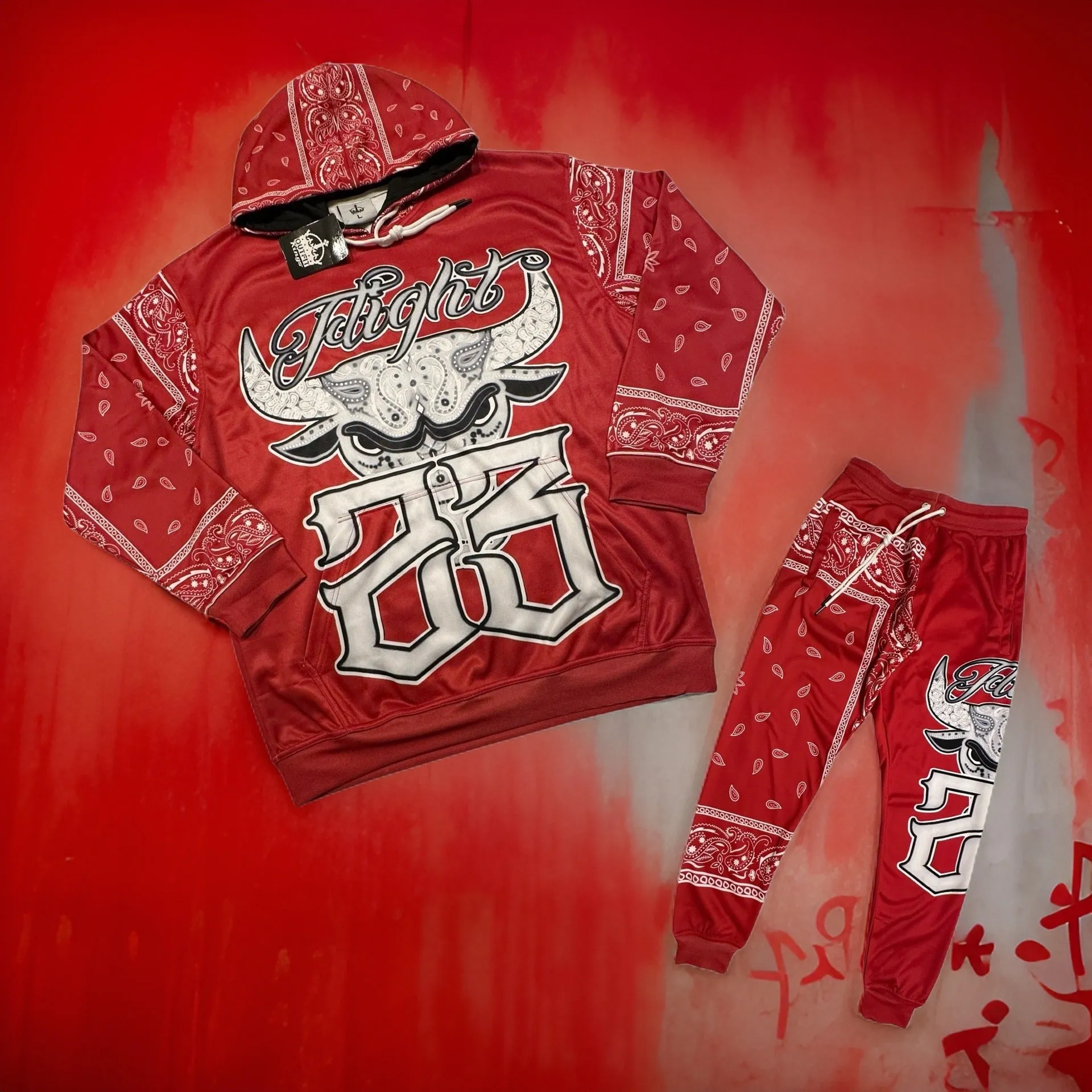 *FLIGHT 23* RED BANDANA / PAISLEY JOGGER SWEATSUITS (FLEECE LINED) (BACK EMBROIDERED)