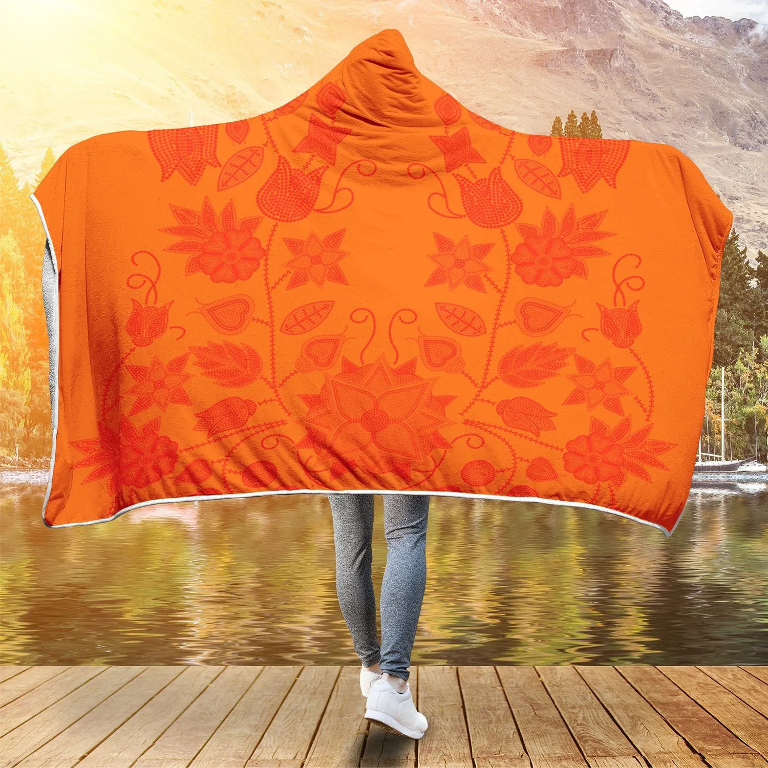 Floral Beadwork Real Orange Hooded Blanket