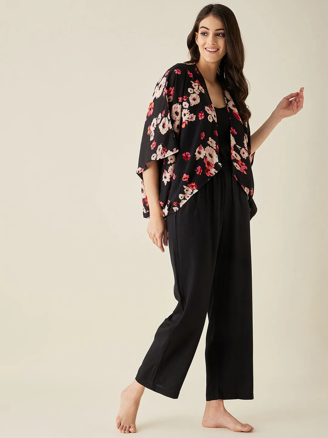 Floral Shrug And Pyjama 2 Pc Set - The Kaftan Company