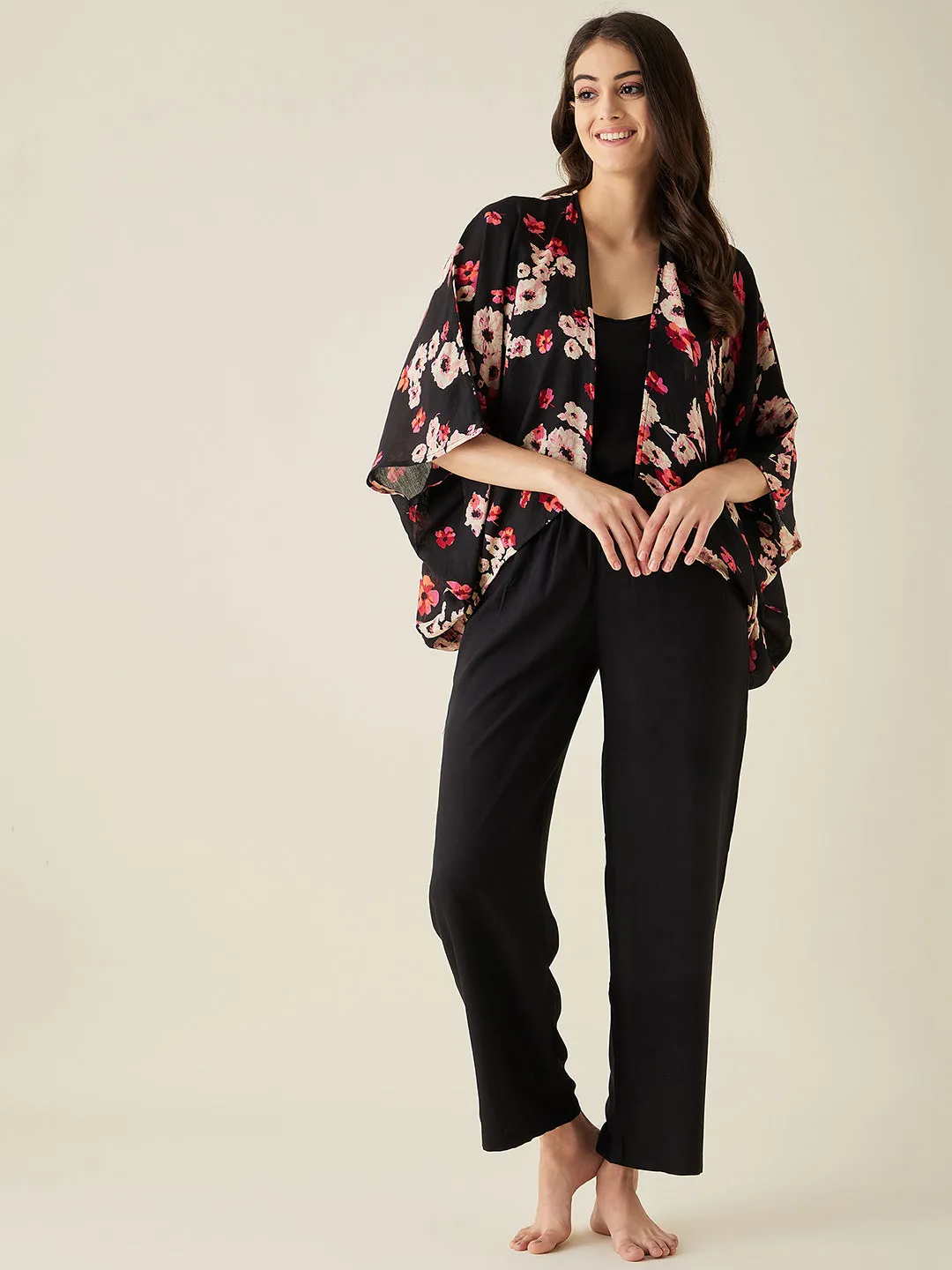 Floral Shrug And Pyjama 2 Pc Set - The Kaftan Company