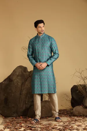 Green Printed Silk Kurta Set  Designed by Kora (Nilesh Mitesh)