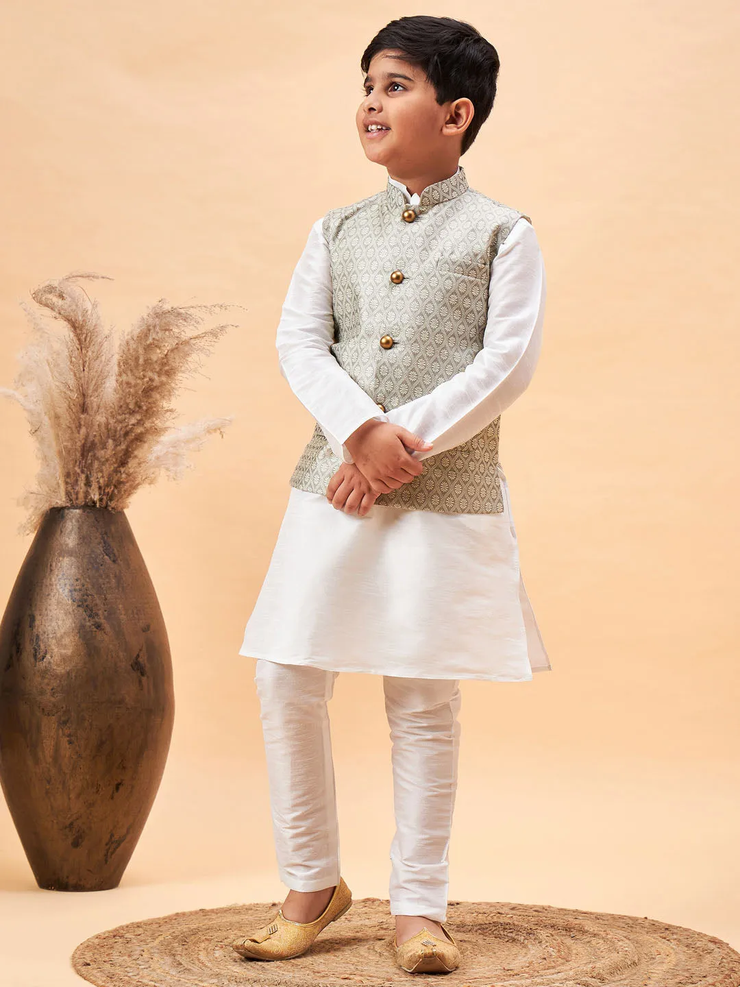 Jashvi Boy's Beige Woven Jacket With White Kurta and Pyjama Set