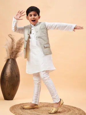 Jashvi Boy's Beige Woven Jacket With White Kurta and Pyjama Set