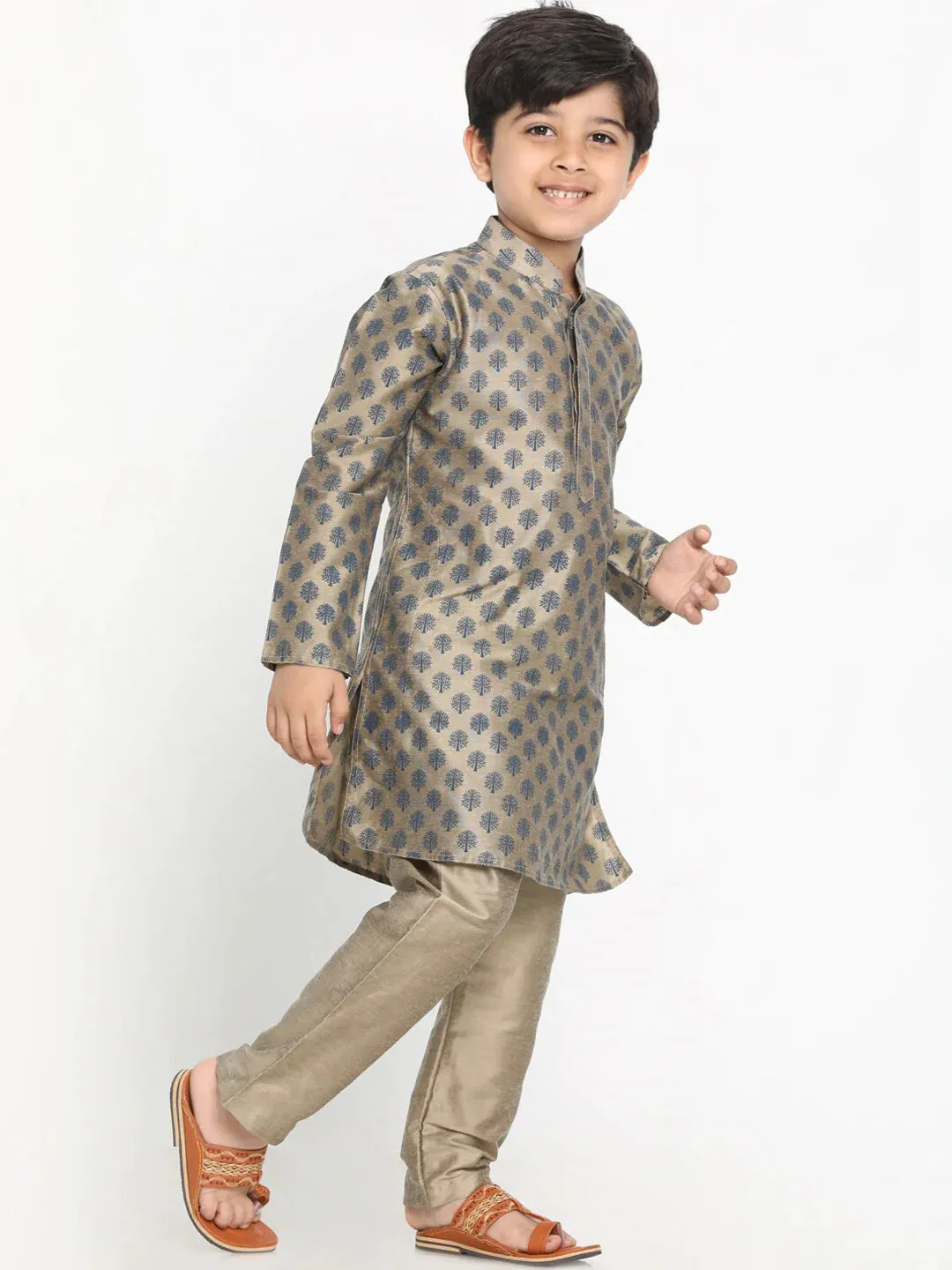 Jashvi Boy's Chiku Brown Printed Kurta With Pyjama Set