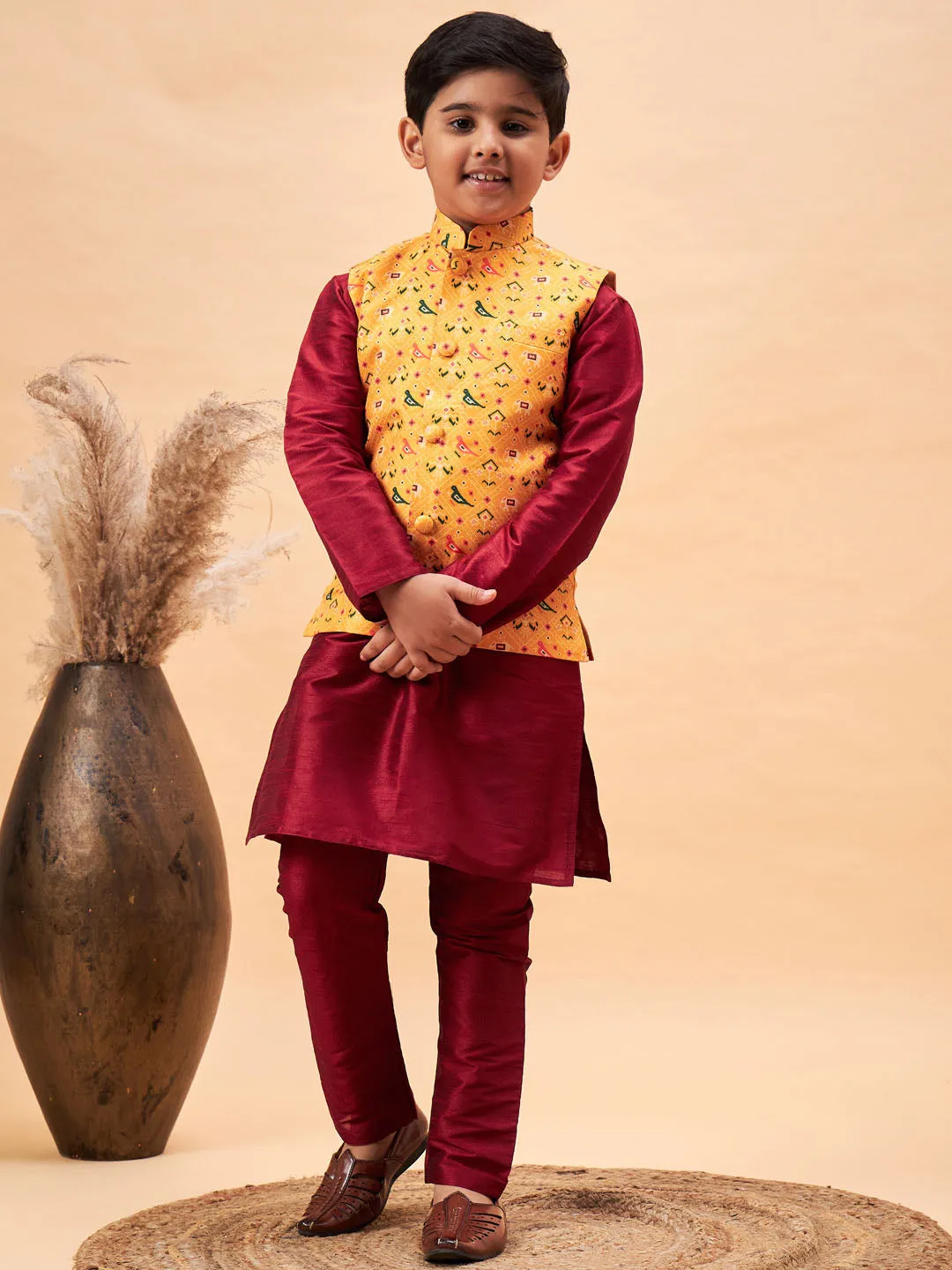 Jashvi Boy's Yellow Ethnic Printed Jacket With Maroon Kurta and Pyjama Set