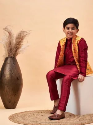 Jashvi Boy's Yellow Ethnic Printed Jacket With Maroon Kurta and Pyjama Set