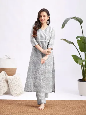 Jashvi Women's Grey Printed Cotton Kurta Pant Set