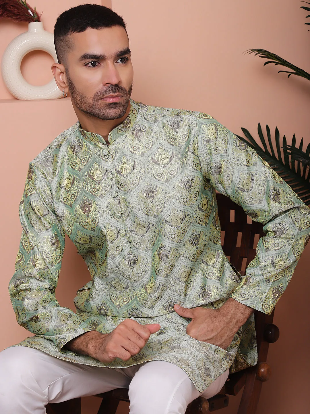 Men Pista Green Silk Blend Straight Kurta Pyjama Set