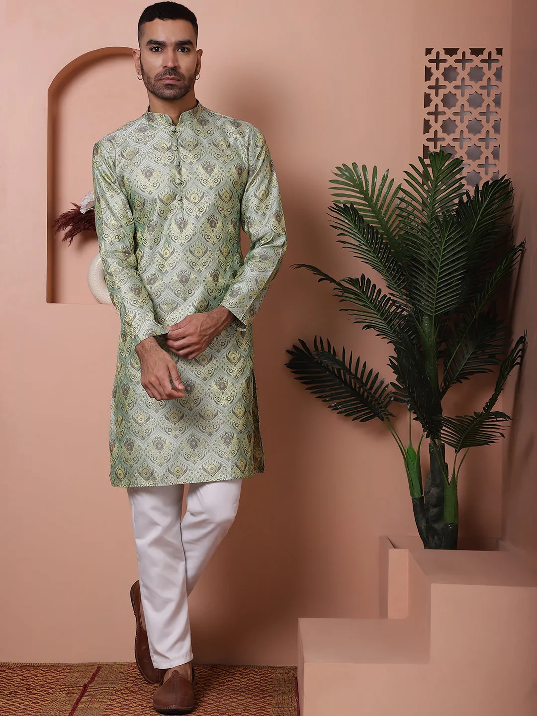 Men Pista Green Silk Blend Straight Kurta Pyjama Set