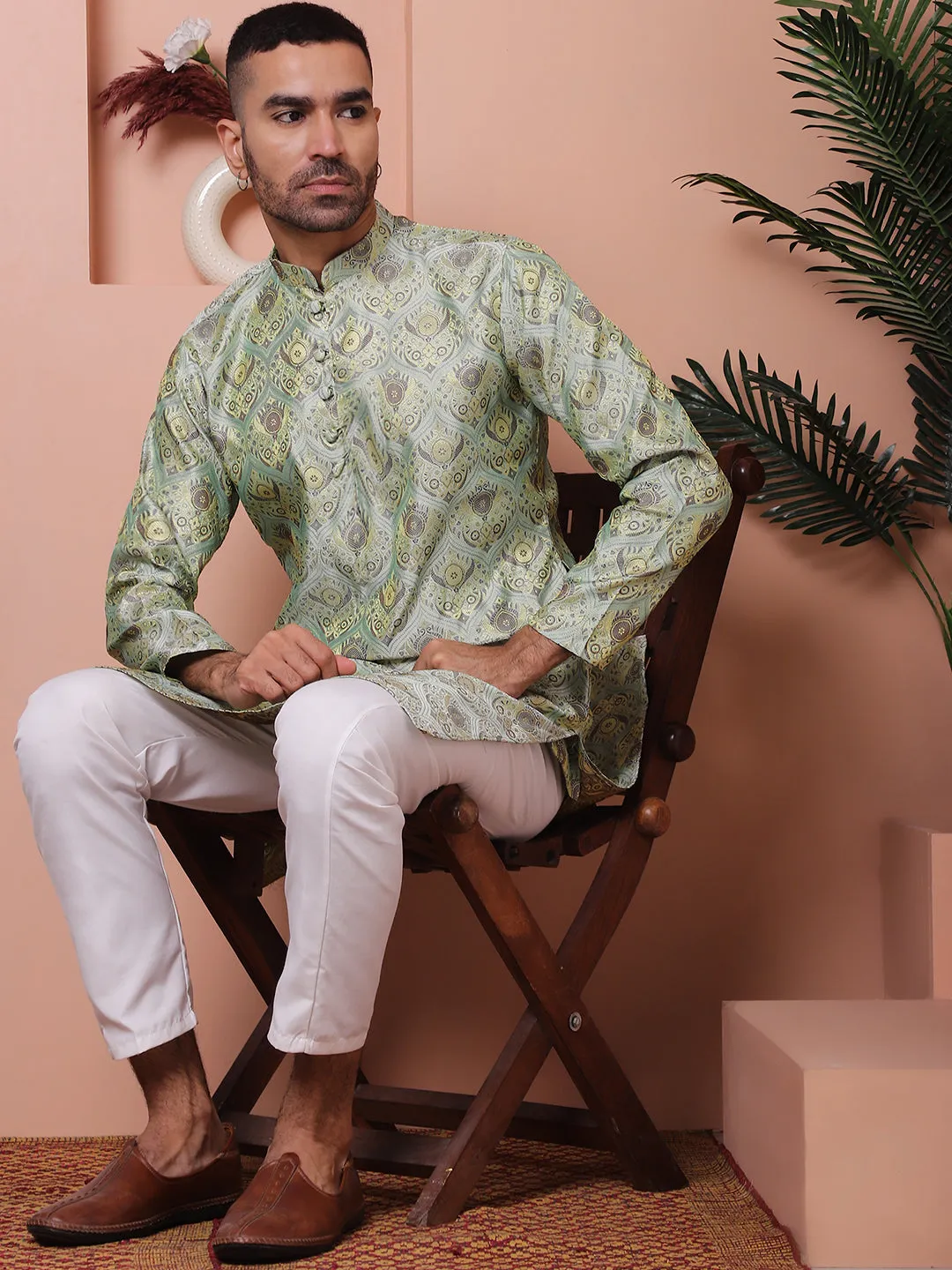 Men Pista Green Silk Blend Straight Kurta Pyjama Set