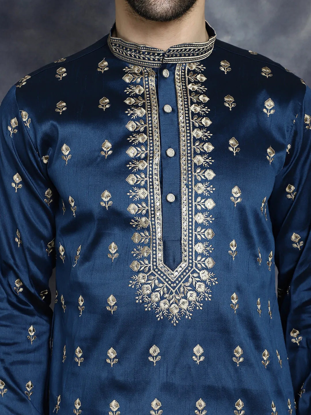 Men's Navy Blue Chikankari Embroidered Kurta With Pyjama - Taantav