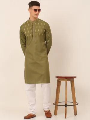 Men's Olive Green Embroidered Kurta Pajama Sets