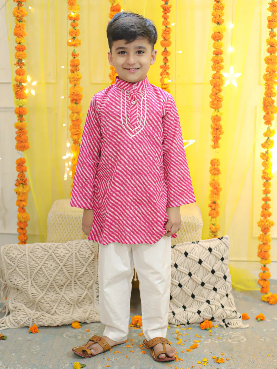 Pure Cotton Printed Leheriya Kurta Pajama for Boys- Pink