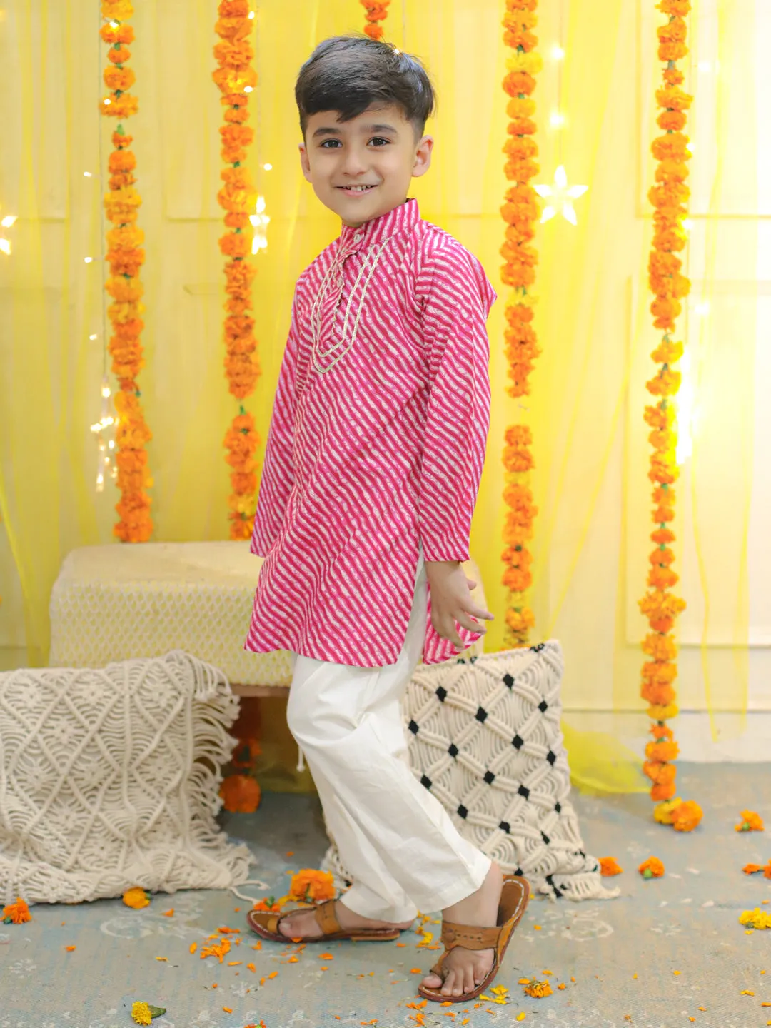 Pure Cotton Printed Leheriya Kurta Pajama for Boys- Pink