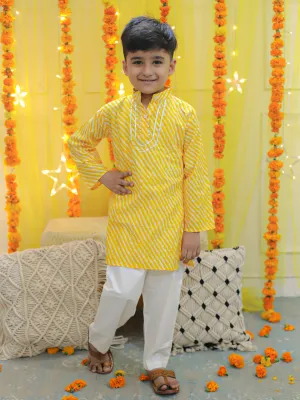 Pure Cotton Printed Leheriya Kurta Pajama for Boys- Yellow