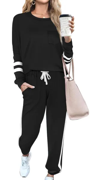 RUBZOOF Womens Loungewear Set Fall Tracksuit Drawstring Sweatpants Workout Sets Two Piece Black 3XL