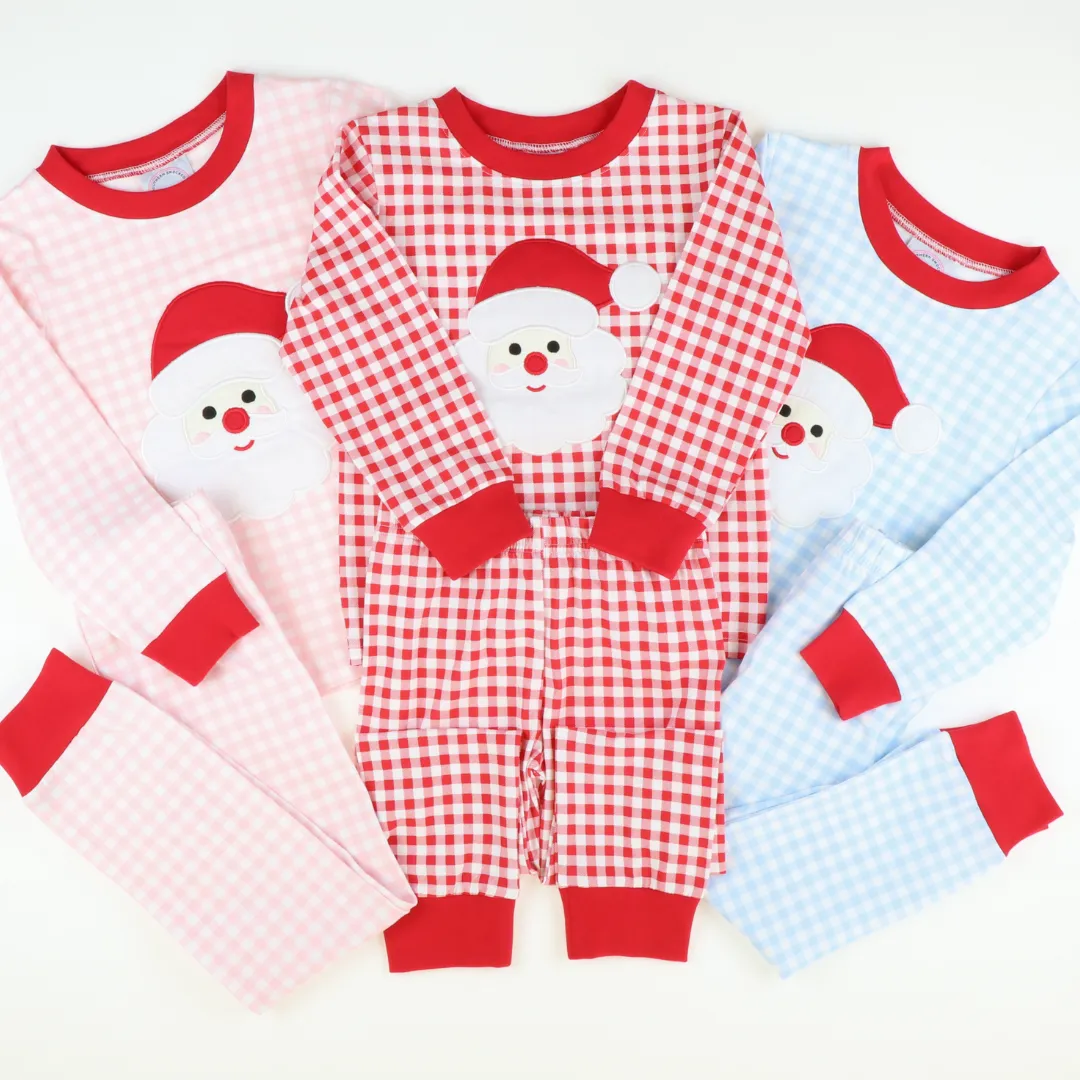 Santa Appliqué Knit Pajama Set - Light Blue Check