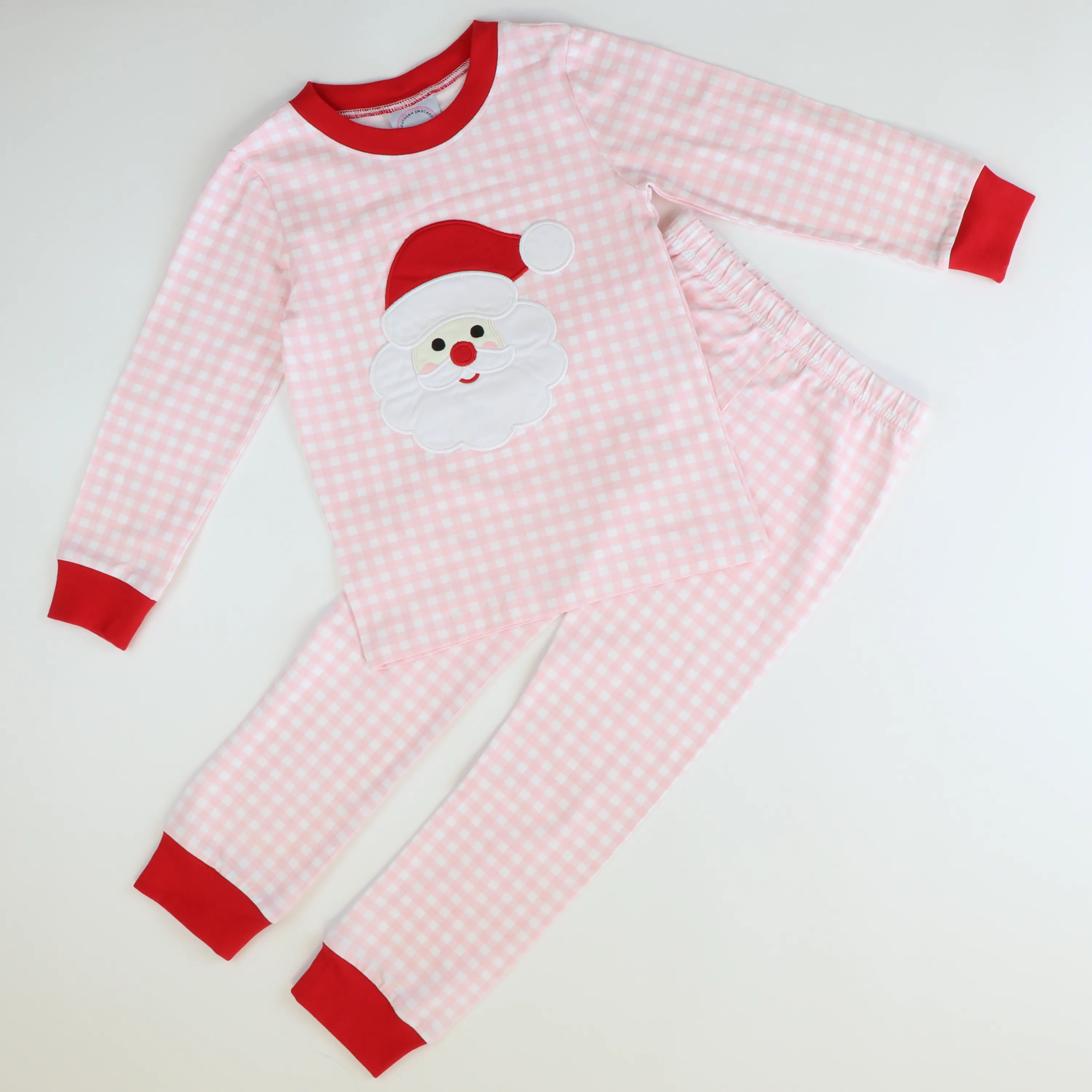 Santa Appliqué Knit Pajama Set - Light Pink Check